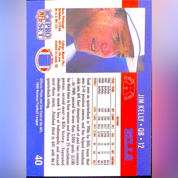 1990 Jim Kelly Buffalo Bills Football Card – Pro Set #40 - Picture 2 of 3